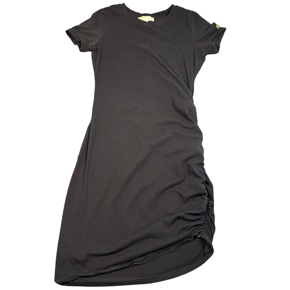 Michael Kors Womens Black Side Ruched T-Shirt Midi Dress Gold MK Logo Medium